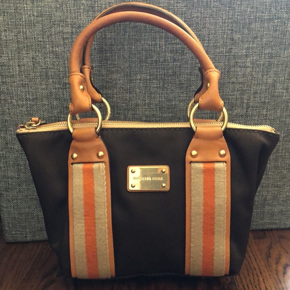 Michael Kors Brown Orange Beige Hand Bag With Leather Handles
